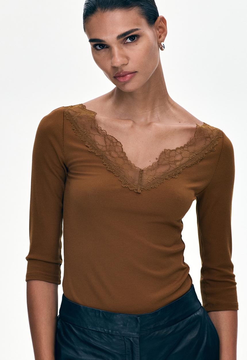 Lace-trimmed rib-knit top - brown - 1335037003