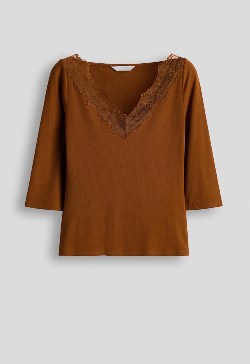H&M - Lace-trimmed rib-knit top - brown