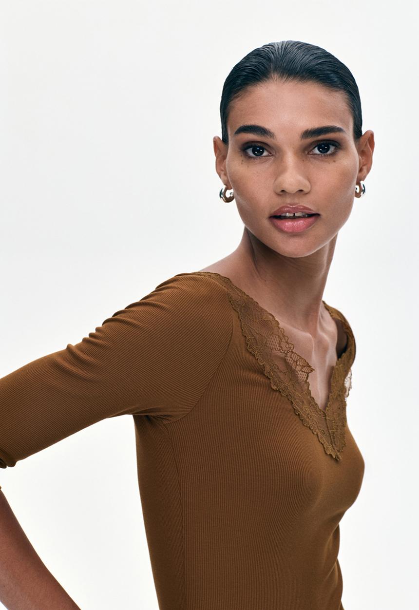 Lace-trimmed rib-knit top - brown - 1335037003