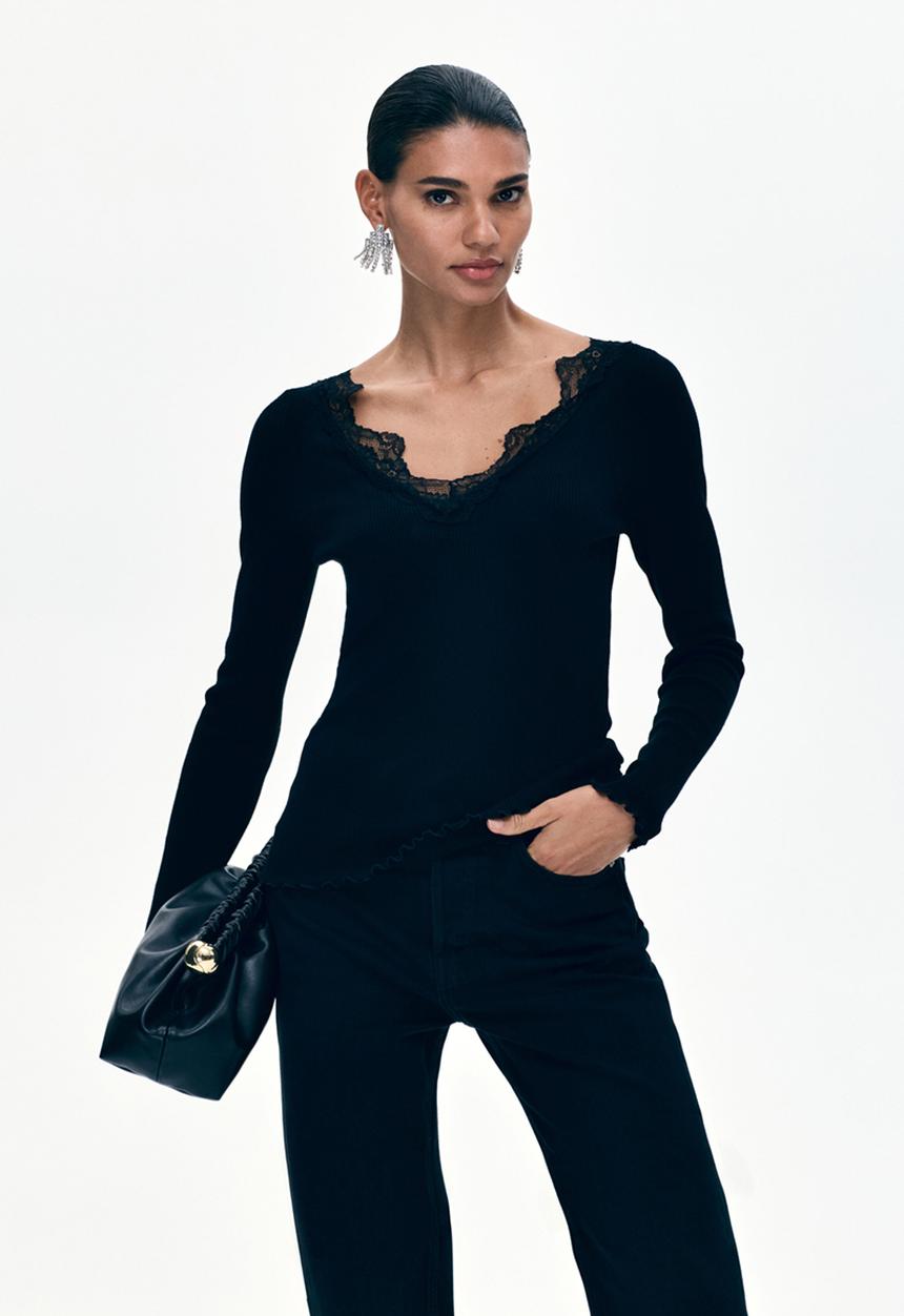 H&M - Lace-trimmed rib-knit top - black