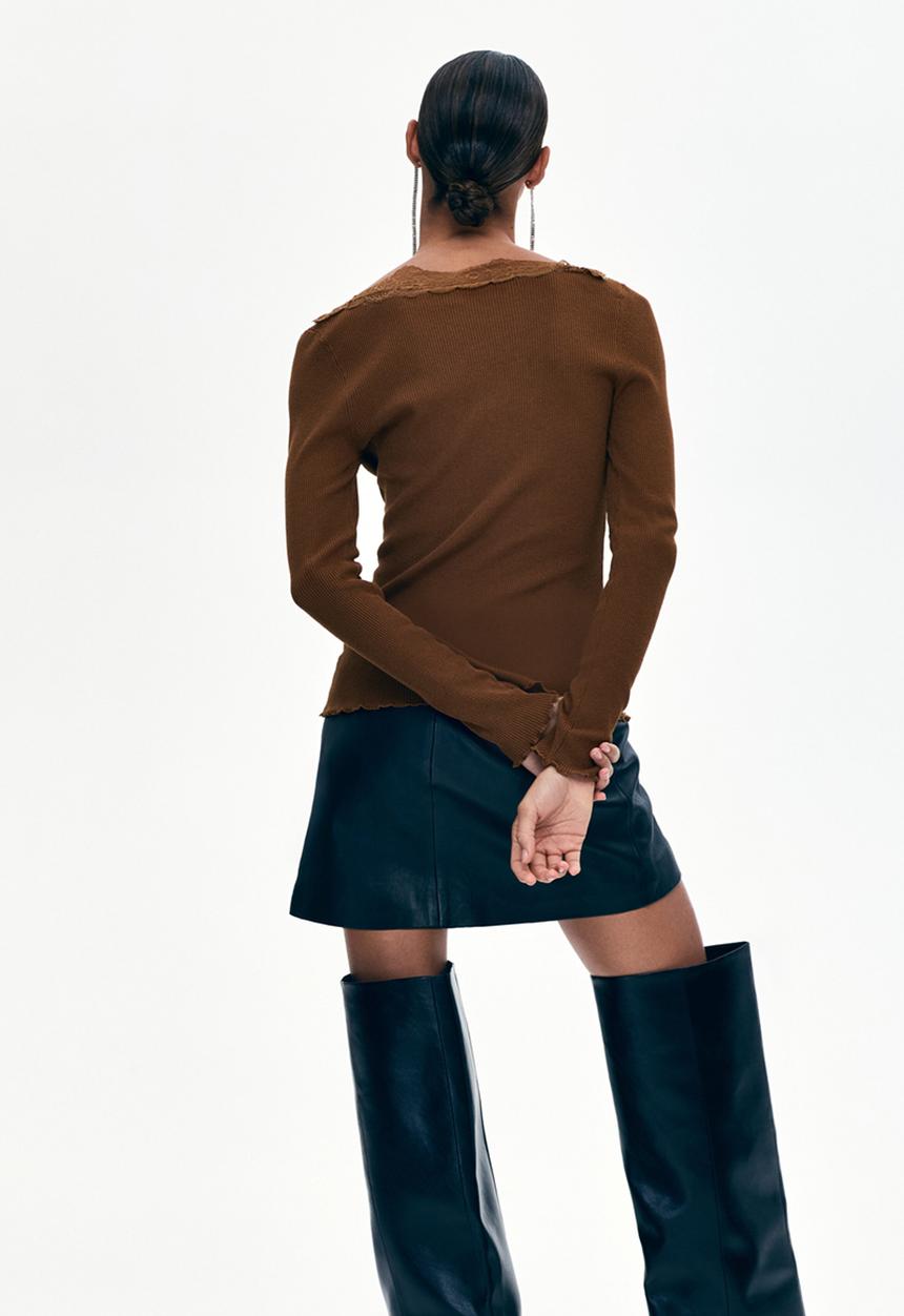 H&M - Lace-trimmed rib-knit top - brown