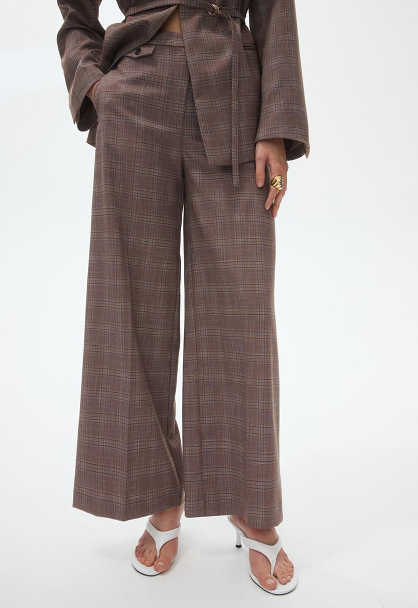 H&M - Straight tailored trousers - dark beige/checked