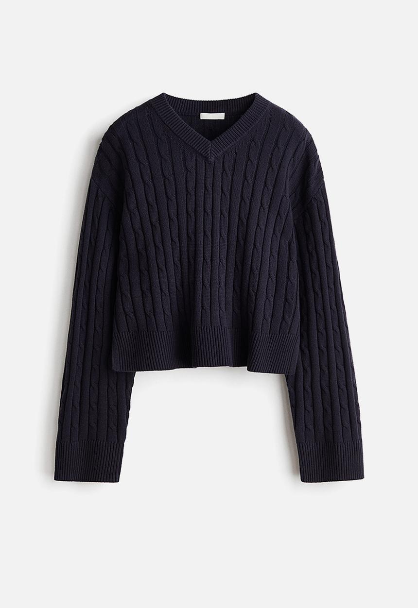 H&M - Cable-knit v-neck jumper - navy blue