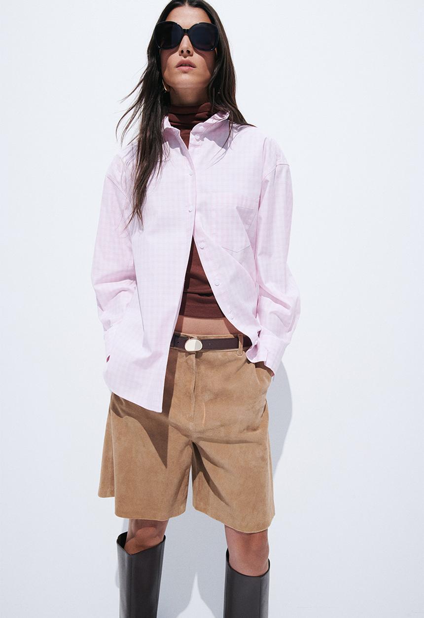 H&M - Cotton poplin shirt - light pink/checked