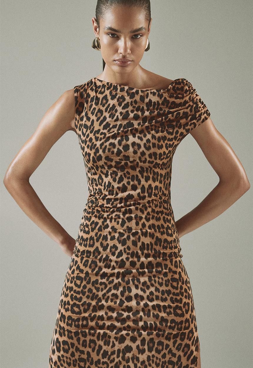 H&M - One-shoulder jersey dress - dark beige/leopard print