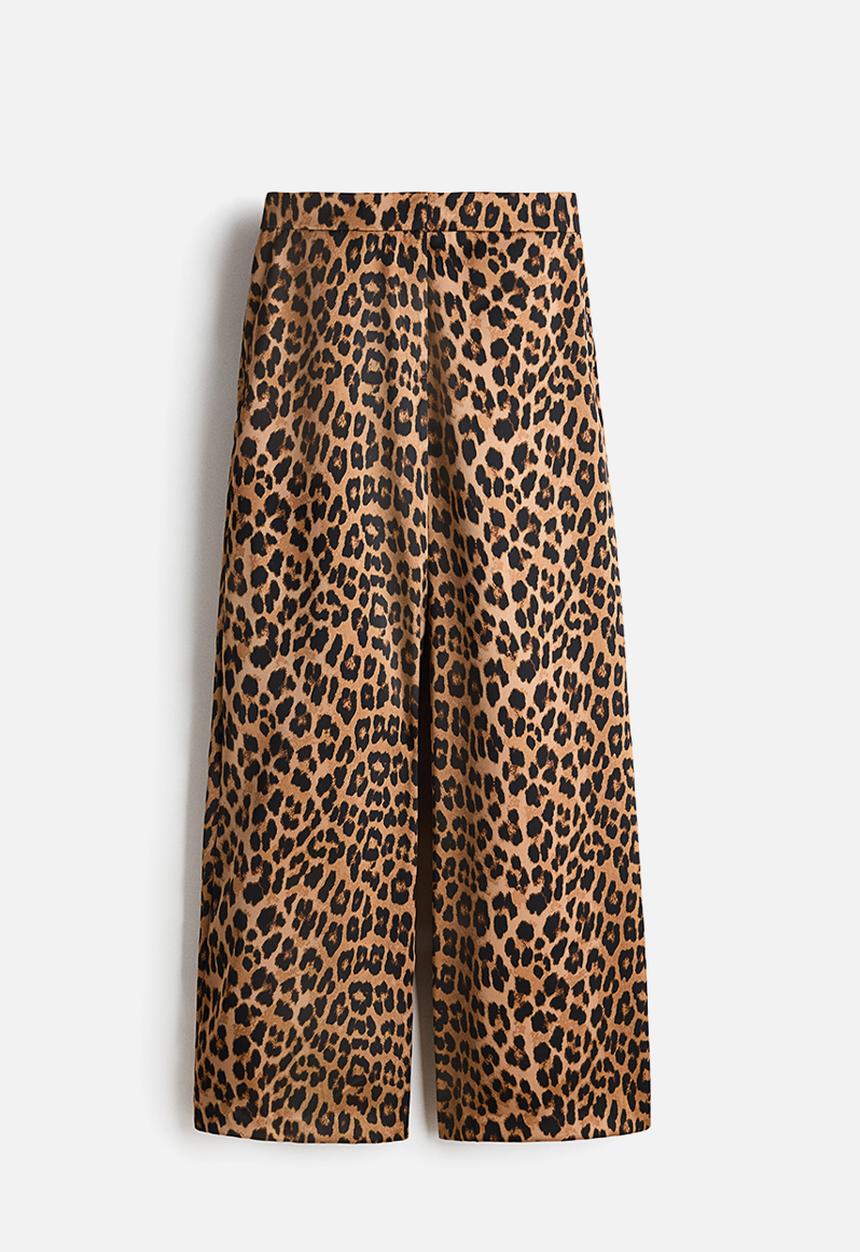 H&M - Wide tailored trousers - dark beige/leopard print