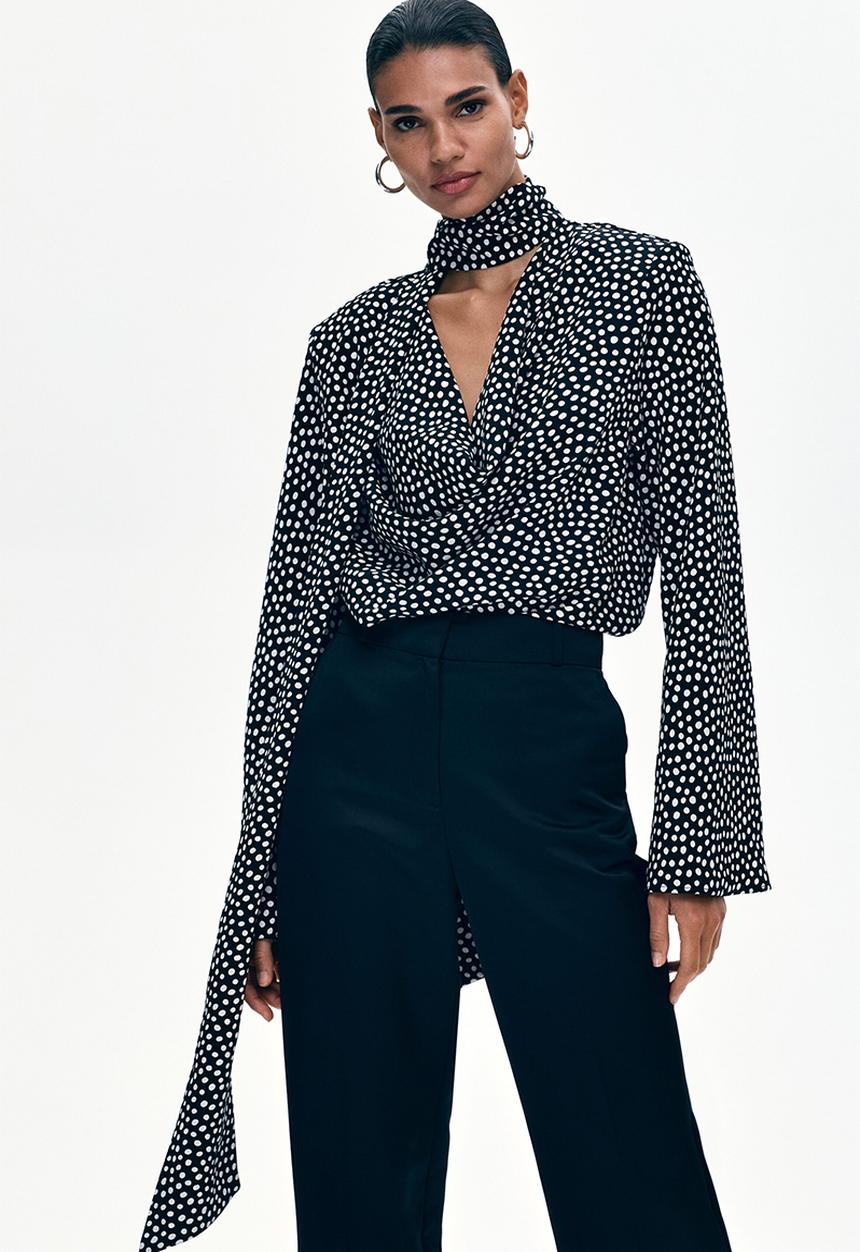 H&M - Scarf-detail cowl-neck blouse - black spotted