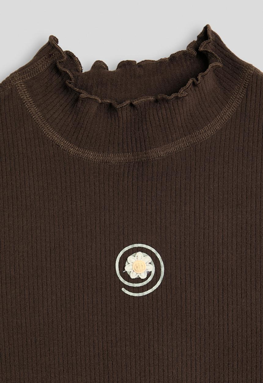 Pop Candy - Ribbed daisy applique long sleeved top - dark chocolate