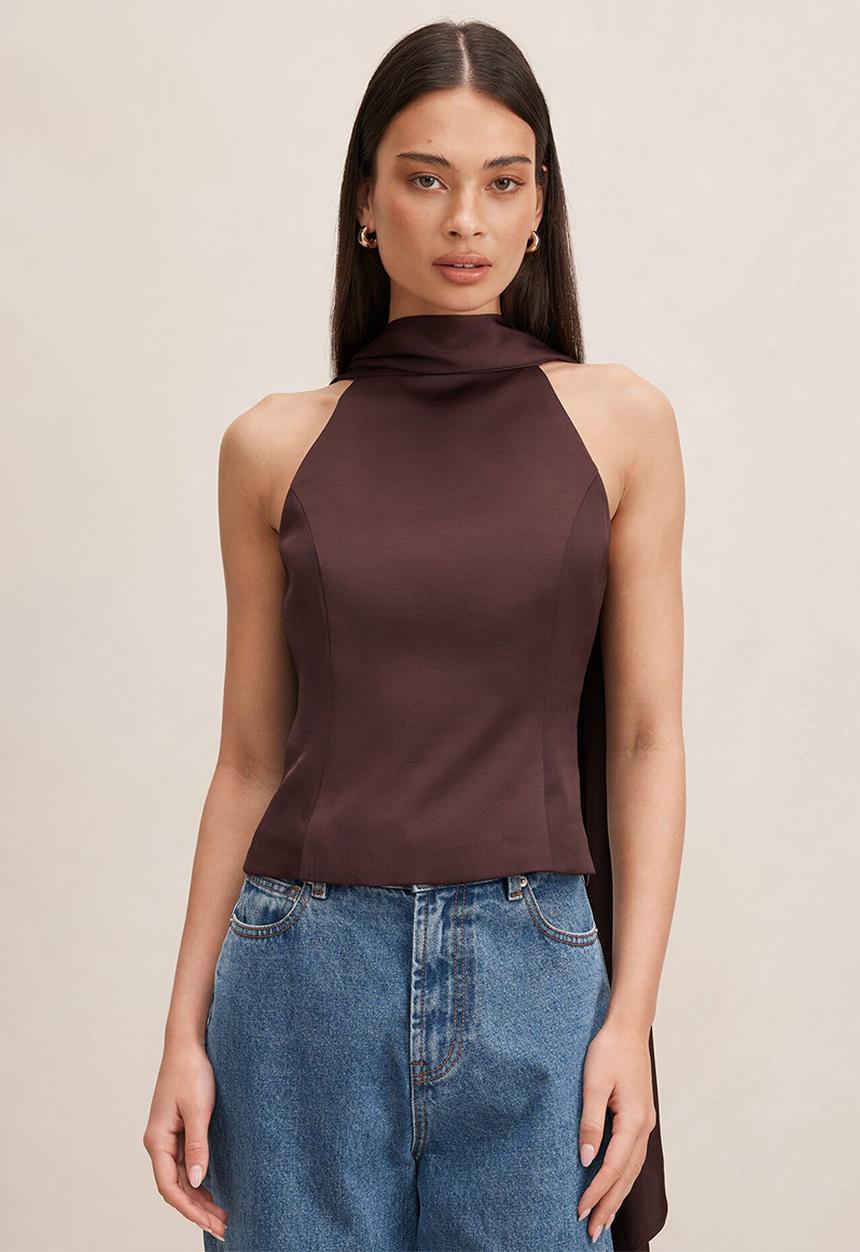Forever New - Millie high neck cape top in chocolate