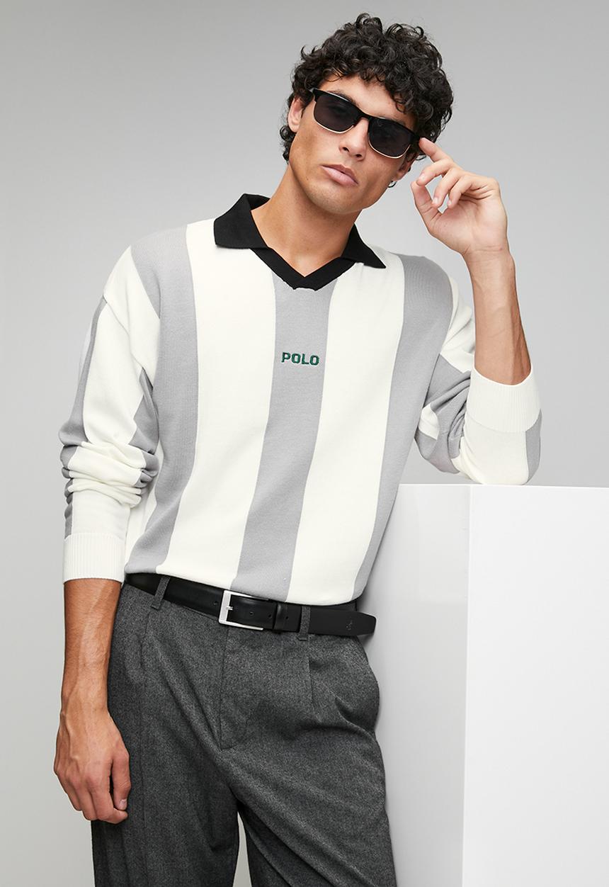 POLO - Moroka Sport Long Sleeve Polo Knit Top - Off White