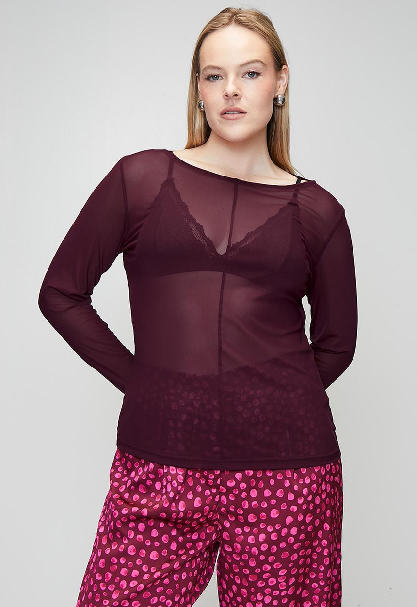 Me&B - Plus Crew Neck Mesh Top - Burgundy