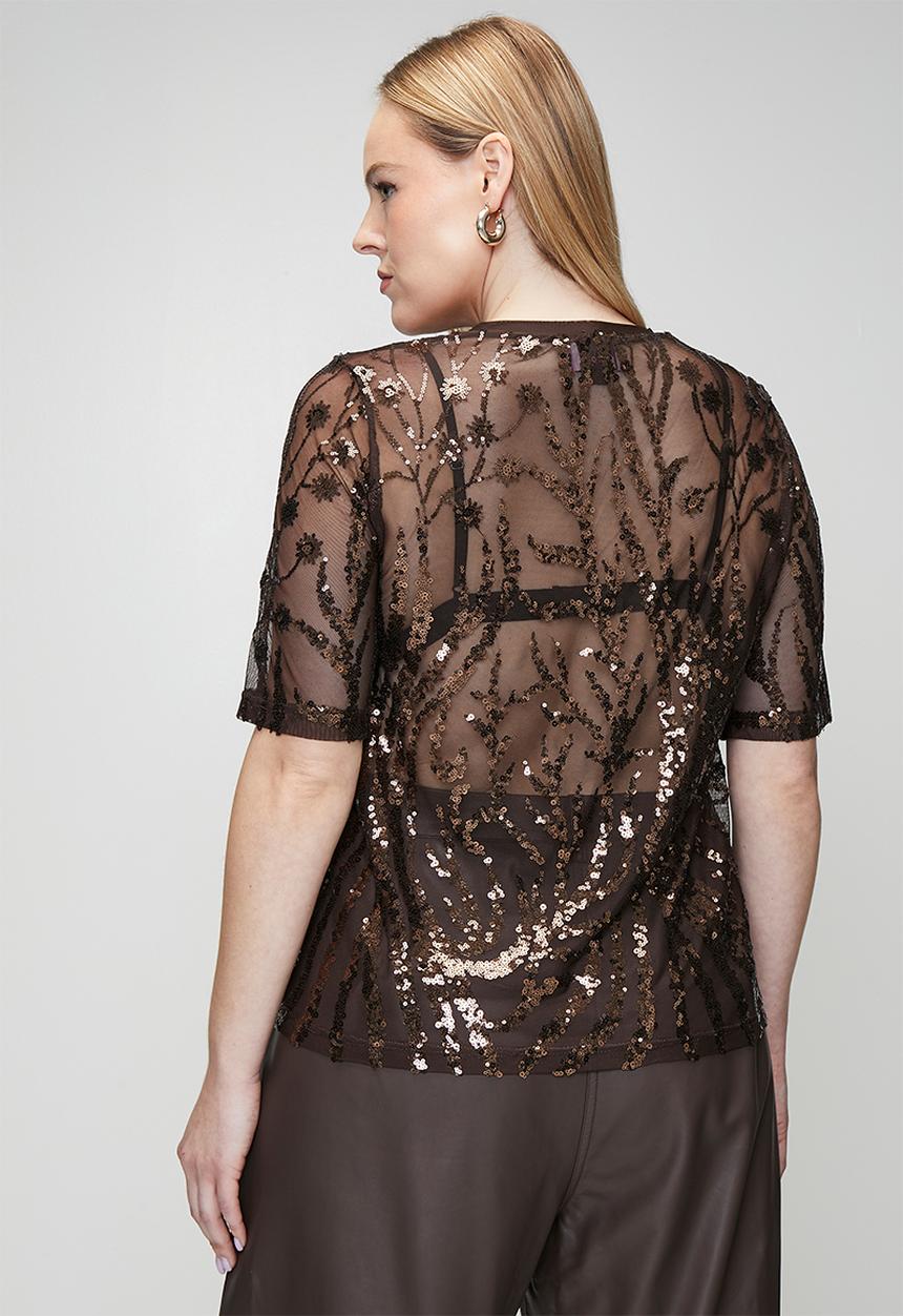Me&B - Plus Mesh Sequin Top - Chocolate