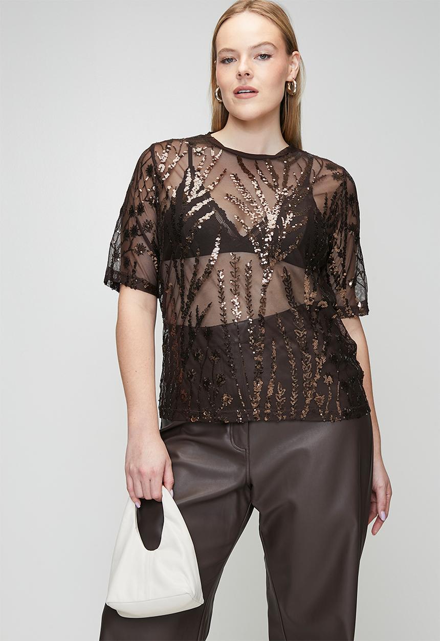 Me&B - Plus Mesh Sequin Top - Chocolate