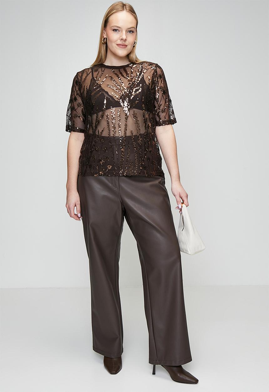 Me&B - Plus Mesh Sequin Top - Chocolate