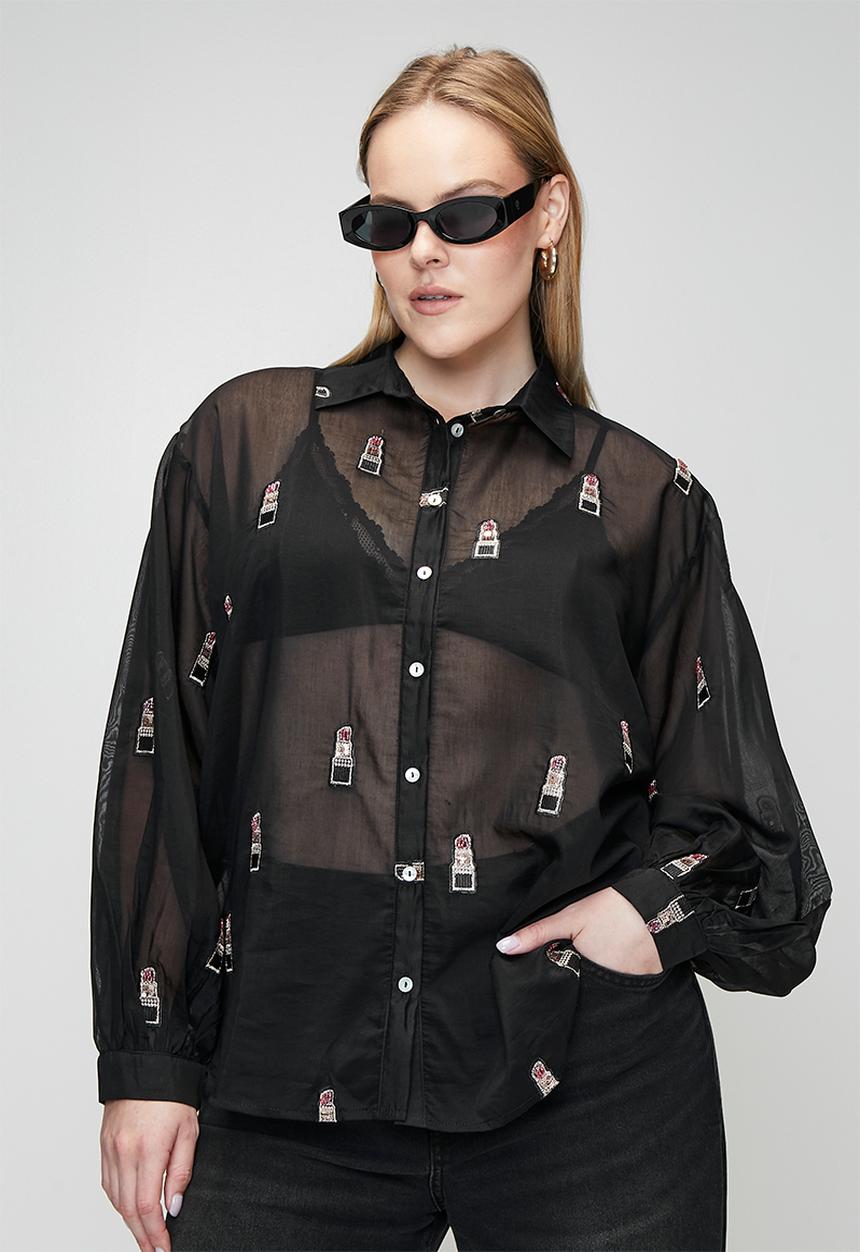 Me&B - Plus Bellow Sleeve Shirt in Beaded Lipstick - Black