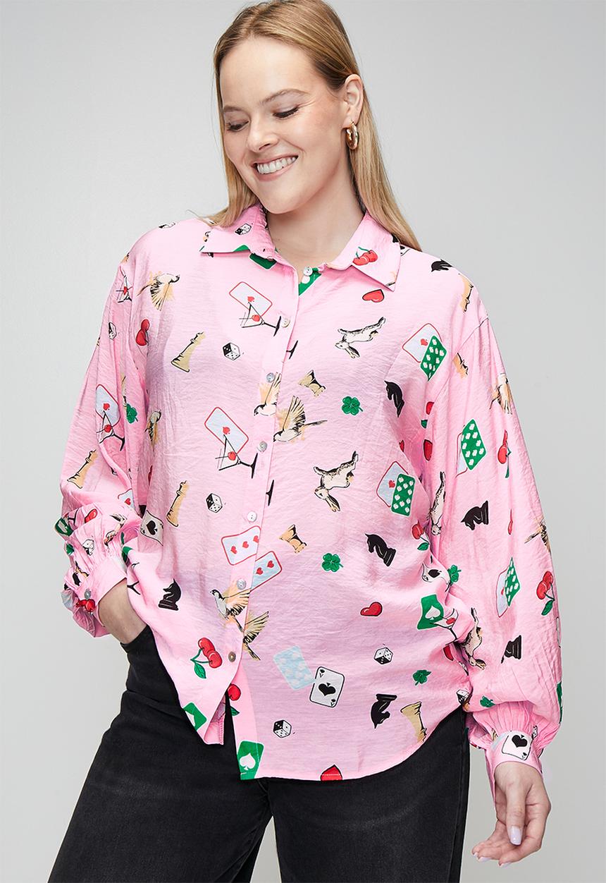 Me&B - Plus Bellow Sleeve Shirt in Players Print - Light Pink
