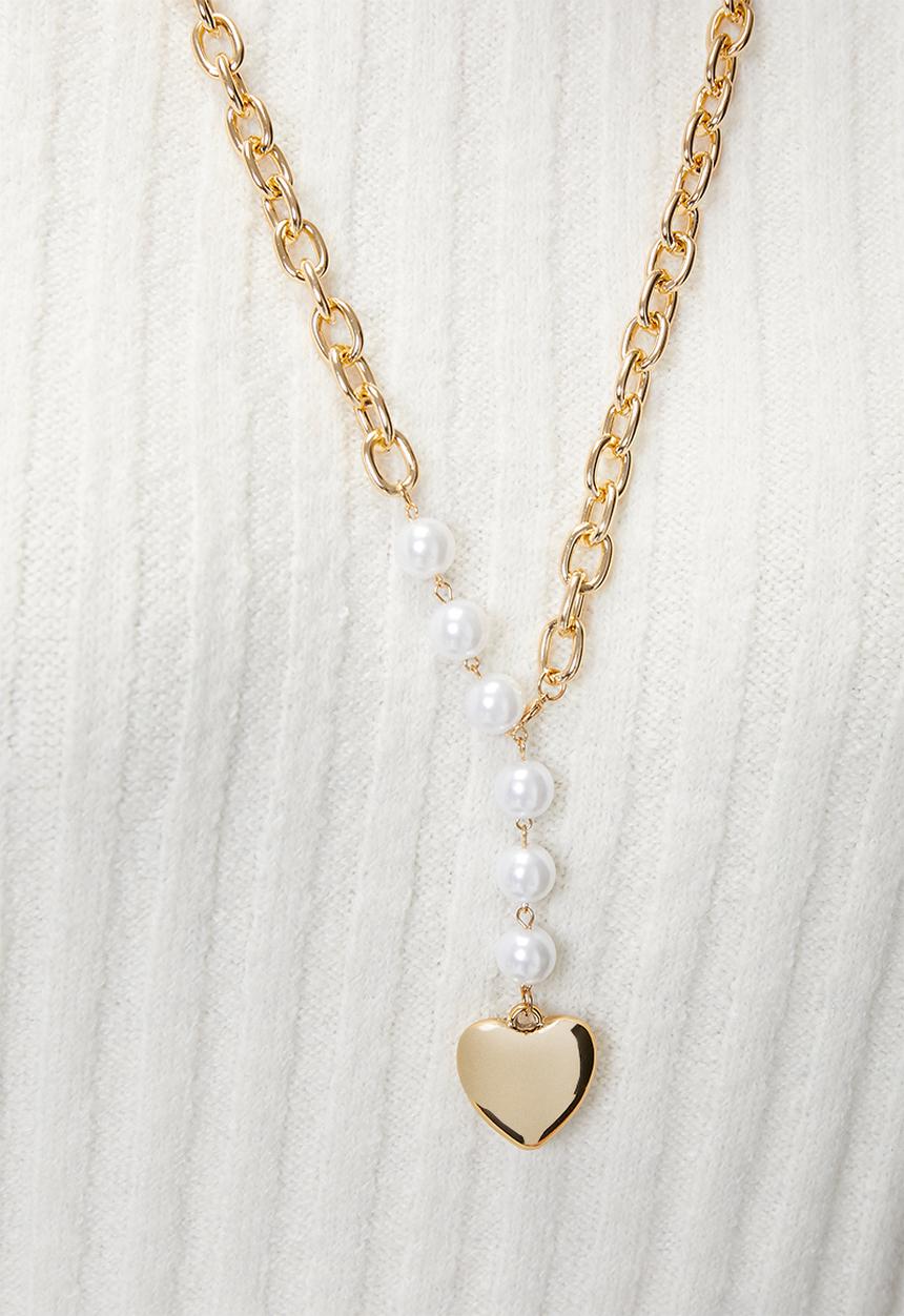 Tessa Design - Edena Pearl Chain Necklace With Heart Pendant - Gold