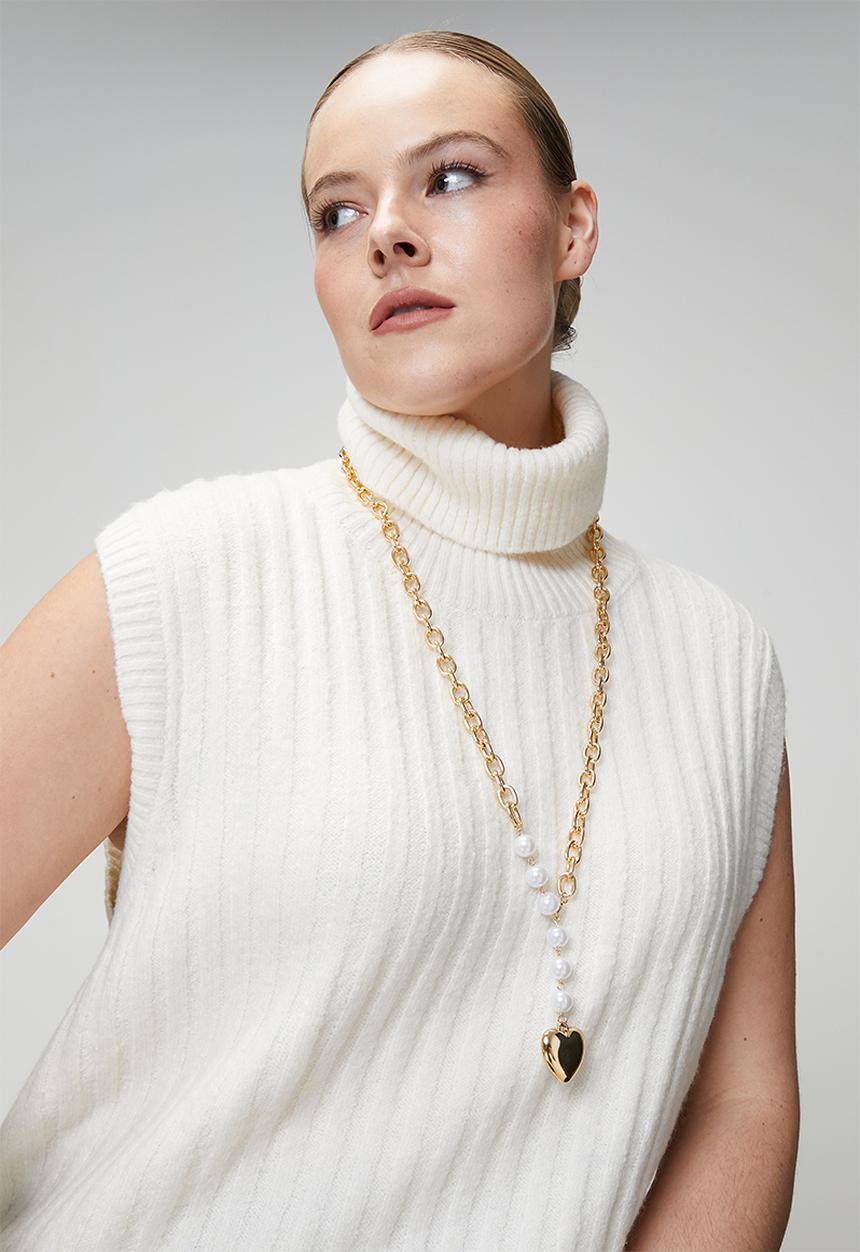 Tessa Design - Edena Pearl Chain Necklace With Heart Pendant - Gold