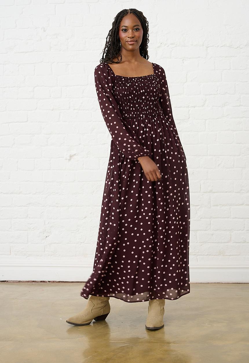 Me&B - Shirred Georgette Maxi -  Burgundy & Pink