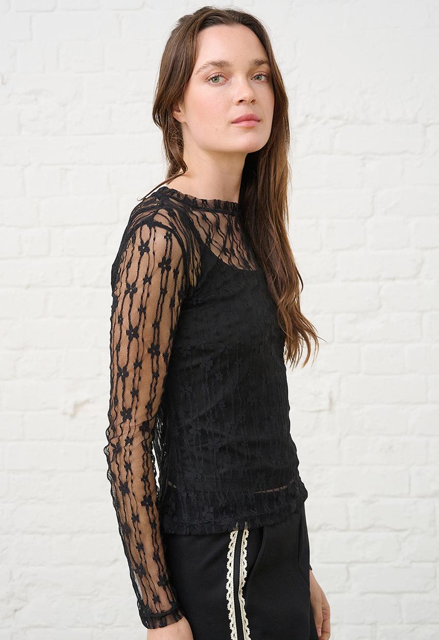 Me&B - Long Sleeve Top Flower Lace - Black