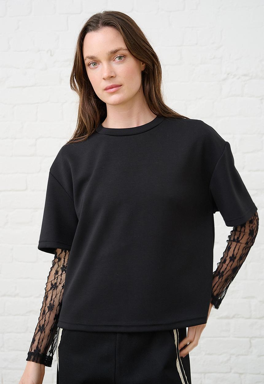 Me&B - Long Sleeve Top Flower Lace - Black