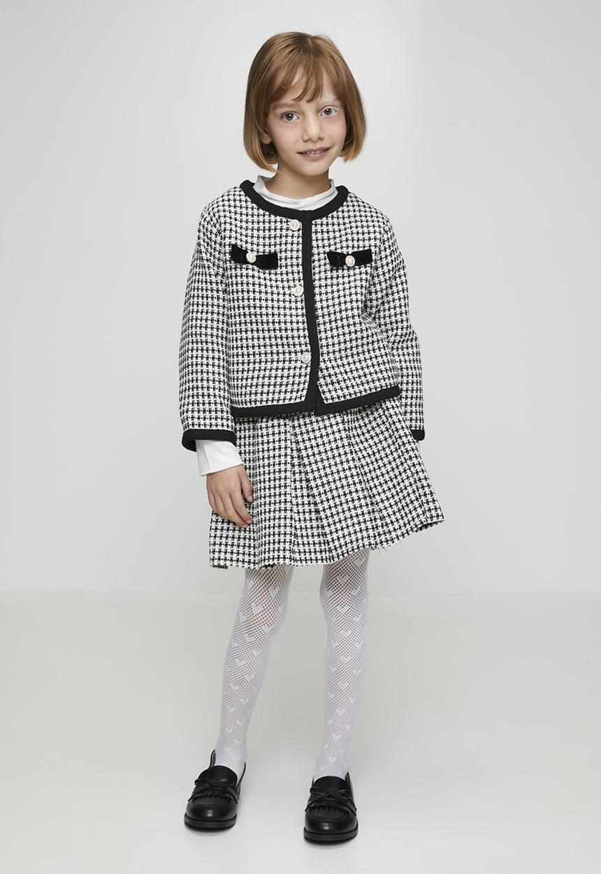 Pop Candy - Tweed collarless jacket with pleated skirt - black/white