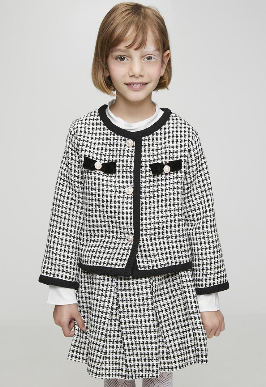 Pop Candy - Tweed collarless jacket with pleated skirt - black/white