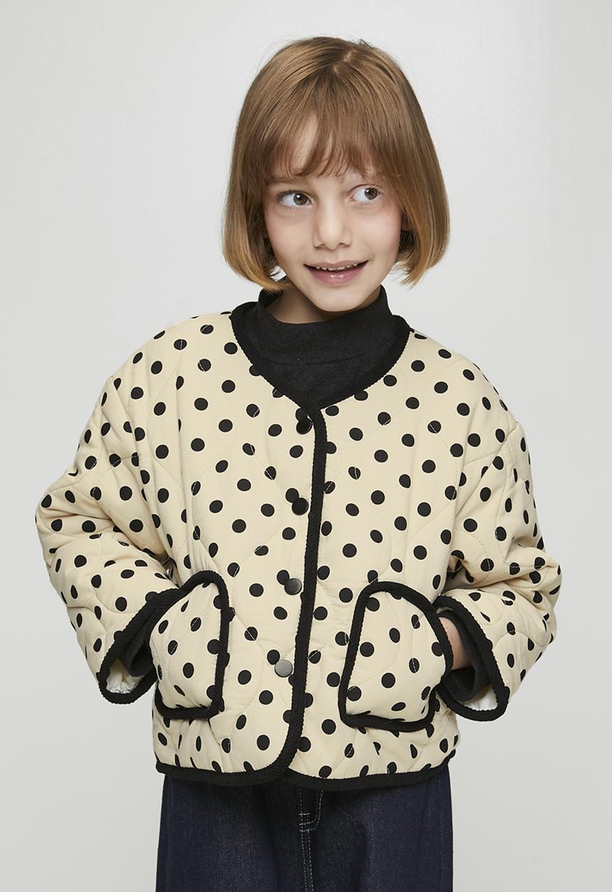 Pop Candy - Polka dot onion quilted collarless jacket - barley white/black