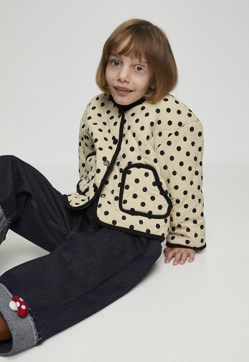 Pop Candy - Polka dot onion quilted collarless jacket - barley white/black