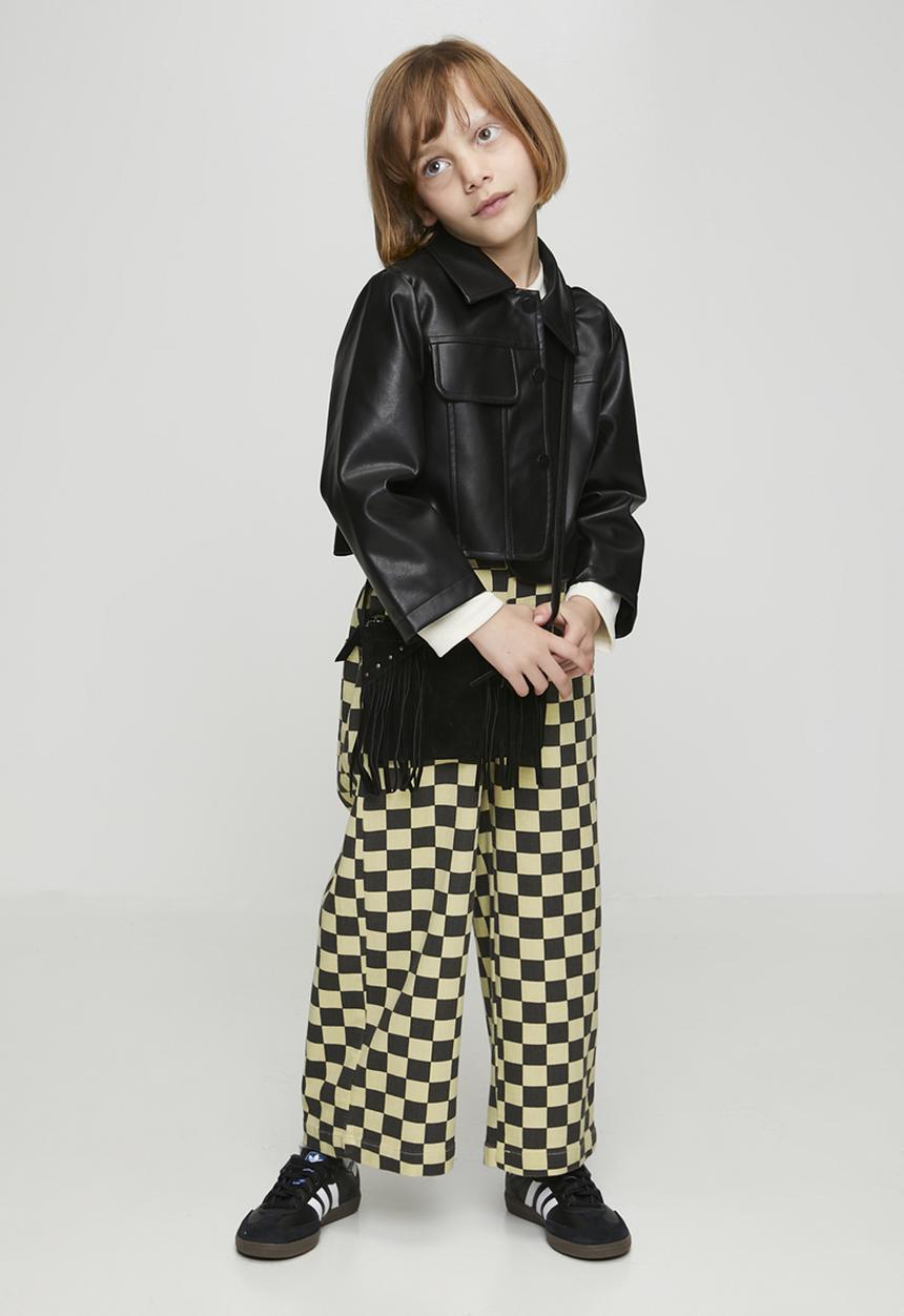 Pop Candy - Button tab wide leg jeans - black checkerboard/beige