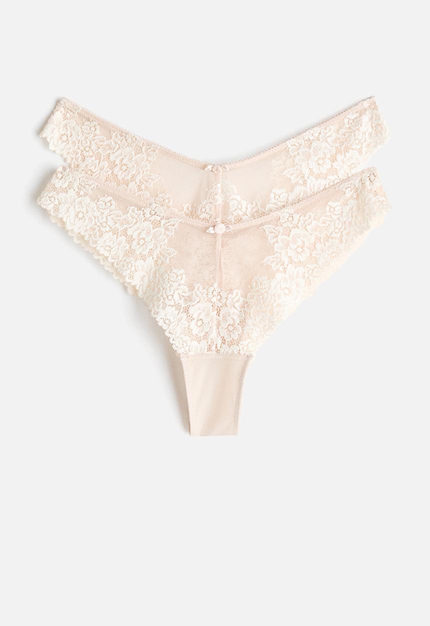 H&M - 2-Pack lace brazilian briefs - light beige/white