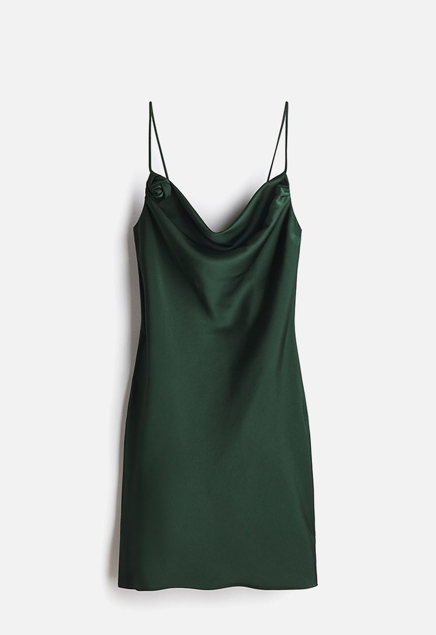 H&M - Tie-detail satin slip dress - dark green