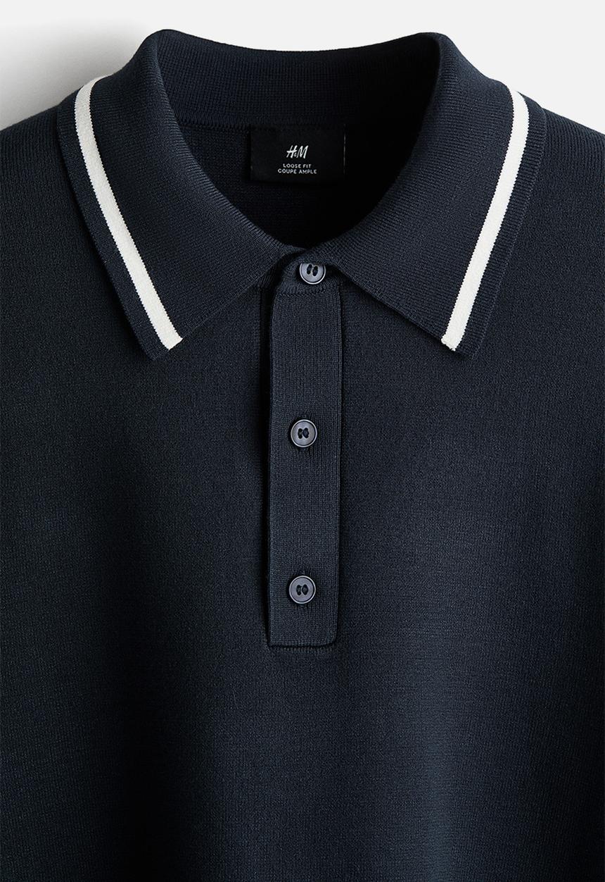 H&M - Loose fit fine-knit polo shirt - navy blue