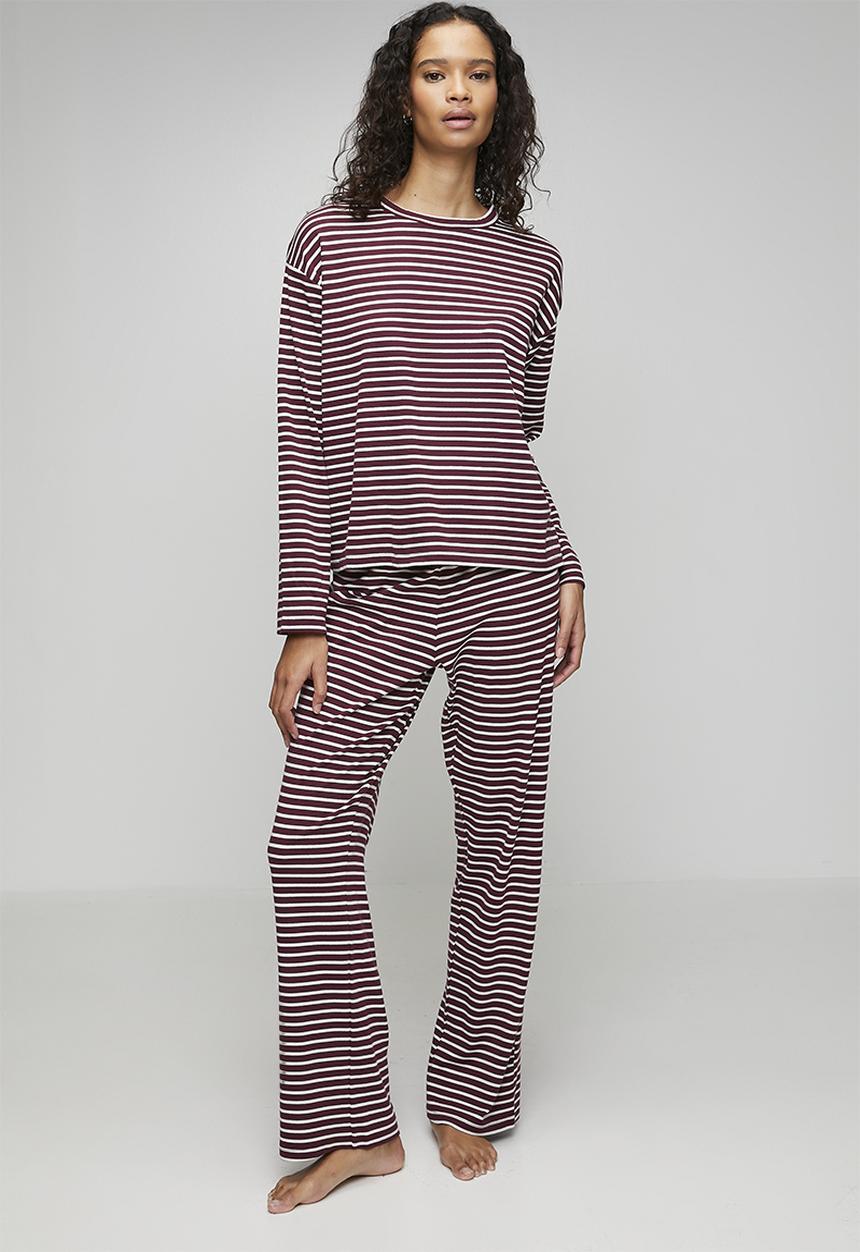 Hunkemoller - Pj long sleeve cotton jersey stripe - windsor wine