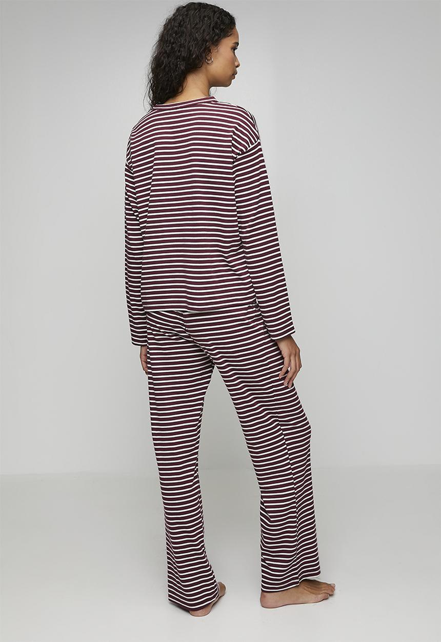 Hunkemoller - Pj long sleeve cotton jersey stripe - windsor wine