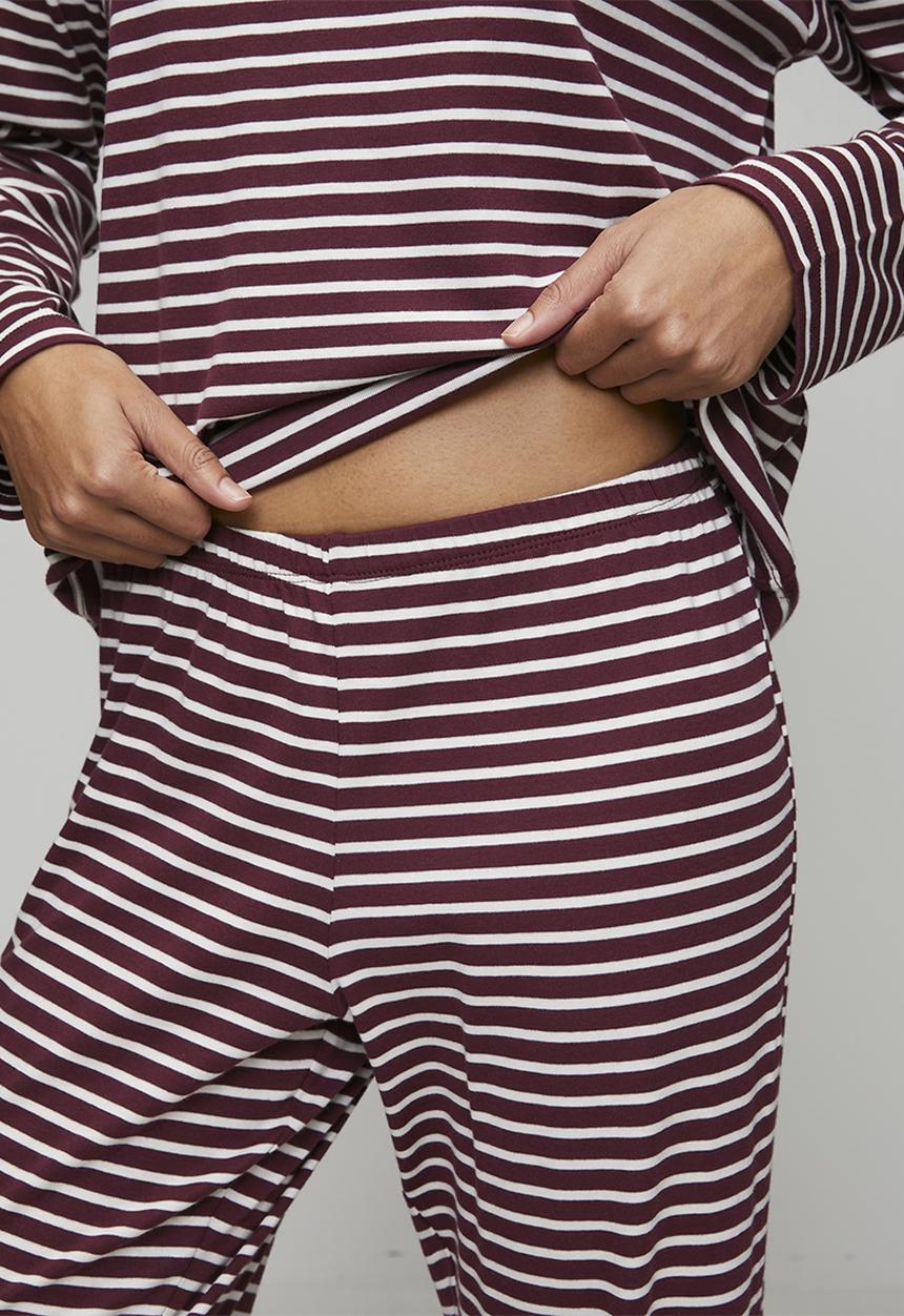 Hunkemoller - Pj long sleeve cotton jersey stripe - windsor wine