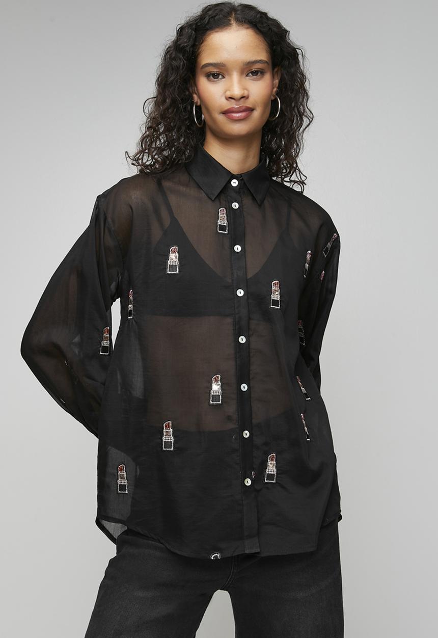 Me&B - Bellow Sleeve Shirt in Beaded Lipstick - Black