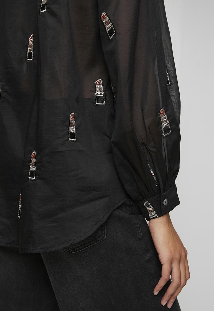 Me&B - Bellow Sleeve Shirt in Beaded Lipstick - Black