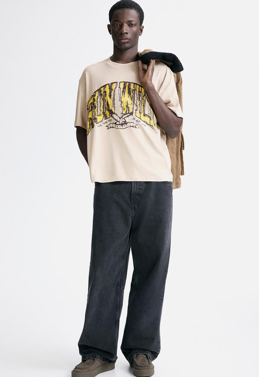 H&M - Loose fit printed T-shirt - beige/run wild