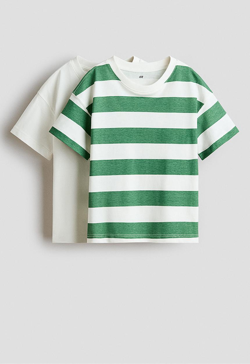 H&M - 2-pack oversized T-shirts - white/green striped