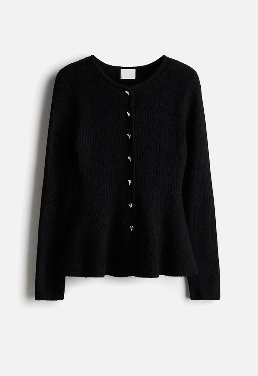 Rib-knit peplum cardigan - black - 1315270001