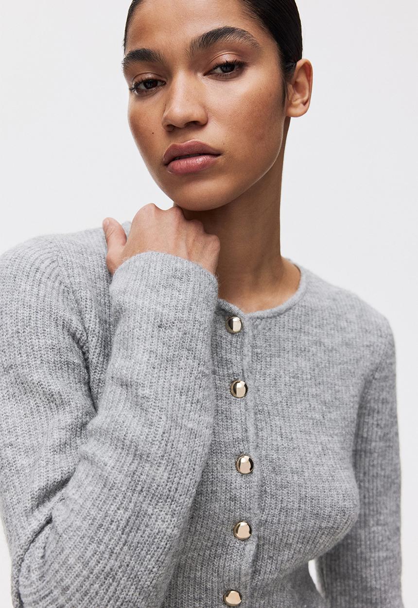 Rib-knit peplum cardigan - light grey marl - 1315270002