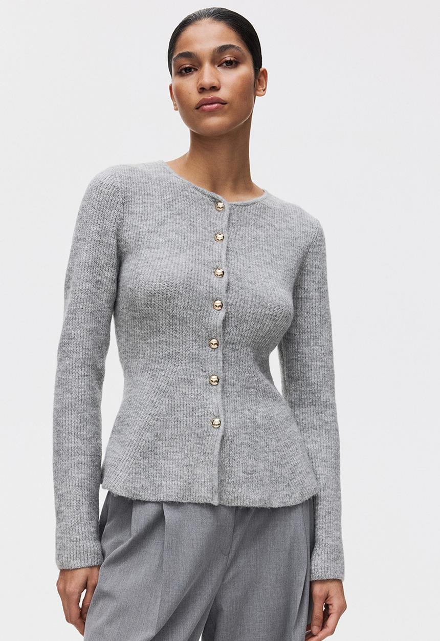 Rib-knit peplum cardigan - light grey marl - 1315270002
