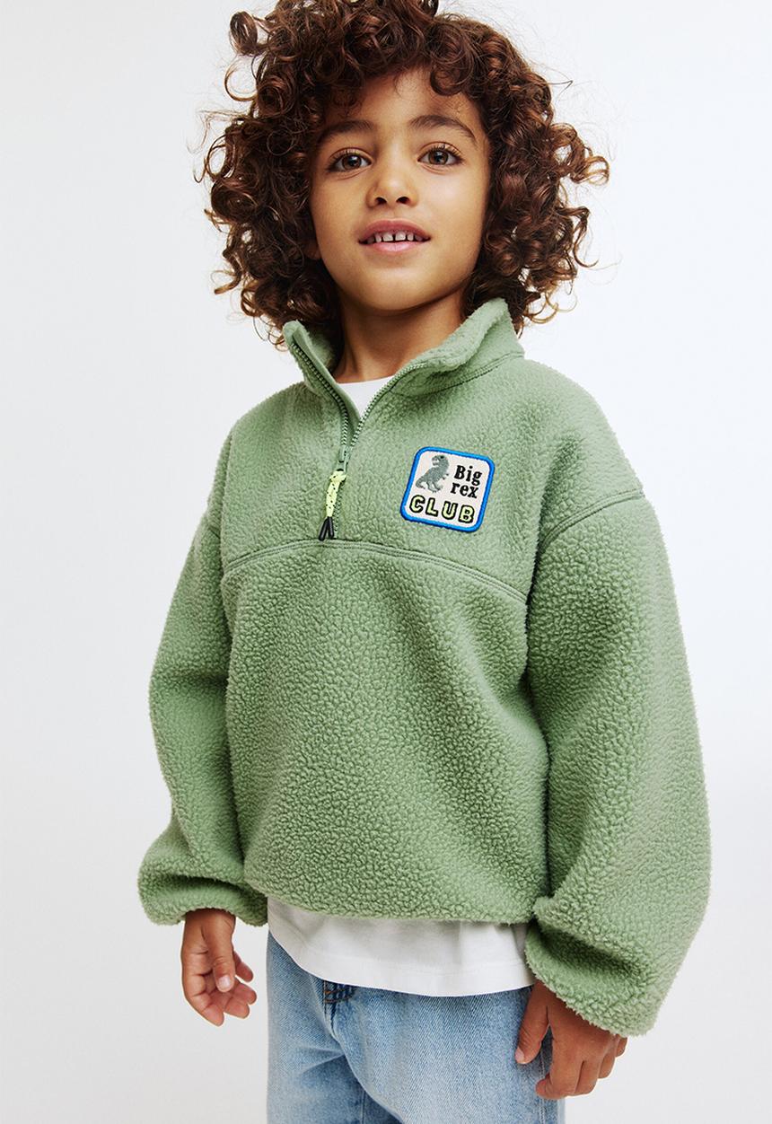 H&M - Zip-top teddy sweatshirt - green/dinosaur