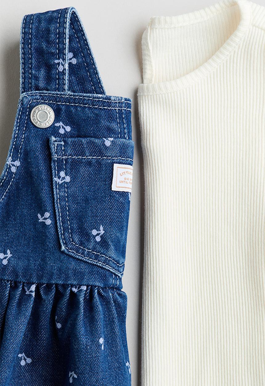 H&M - 2-piece dungaree dress and top set - dark denim blue/cherries