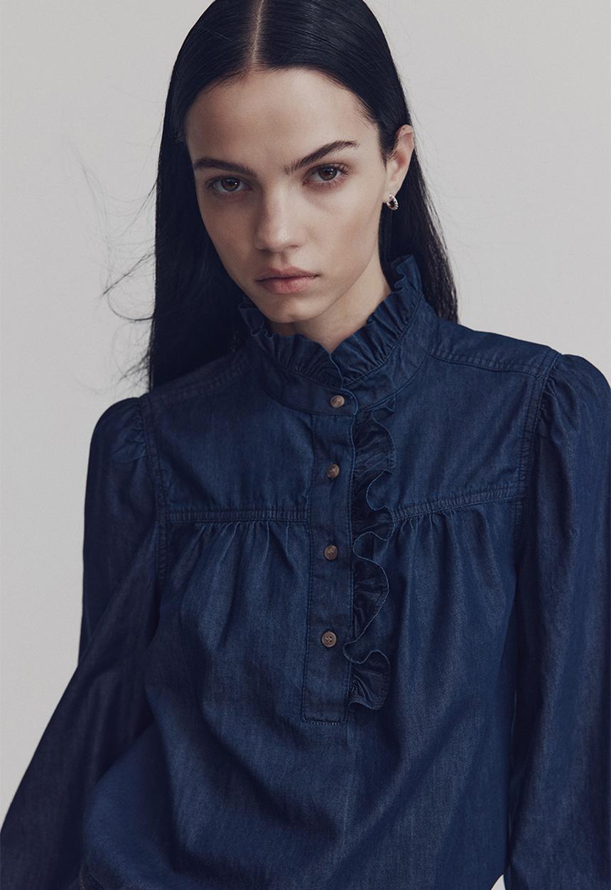 H&M - Frill-collared denim blouse - dark denim blue