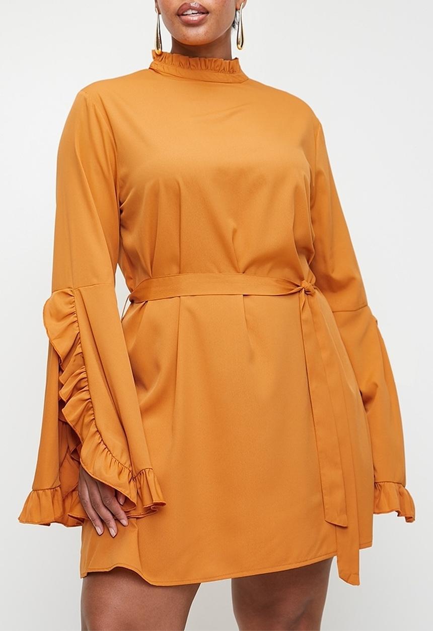 boohoo - Boho high neck wide sleeve shift dress - mustard