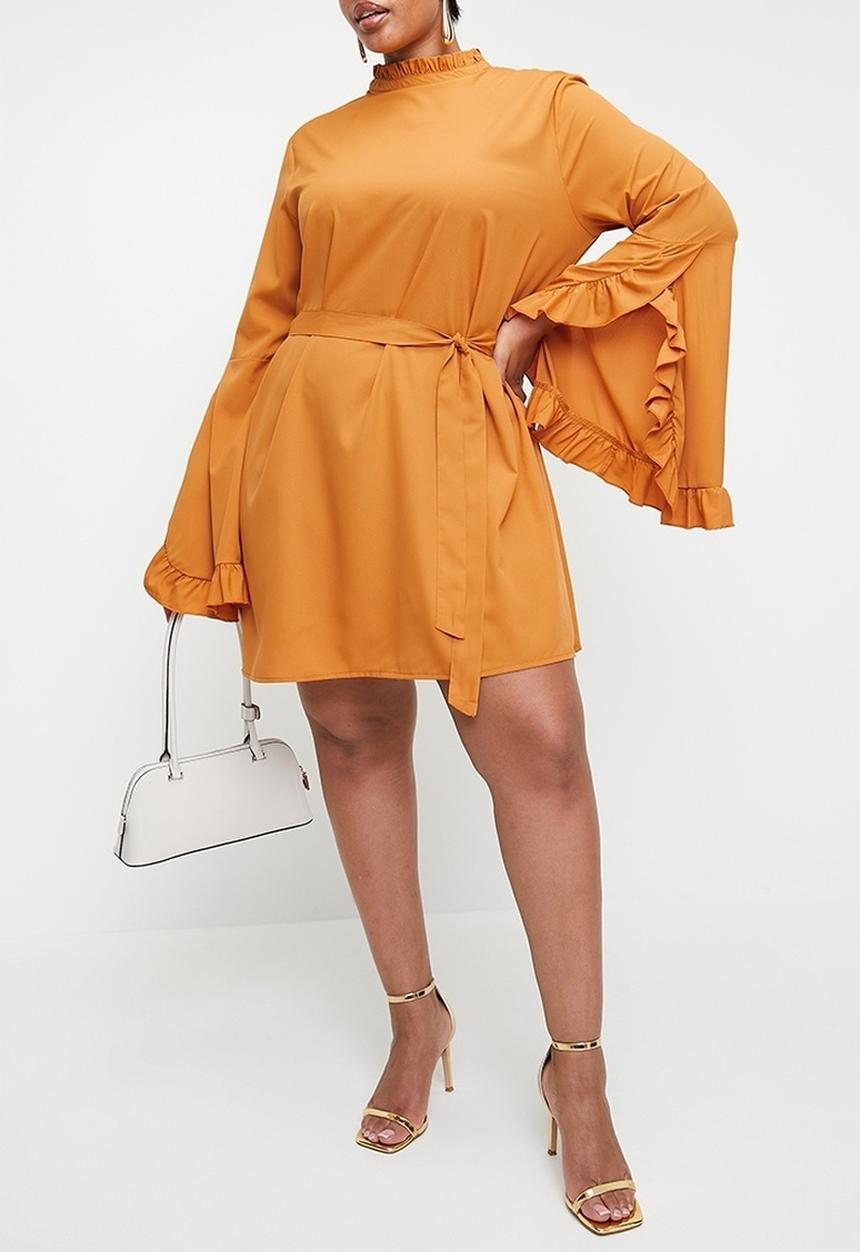 boohoo - Boho high neck wide sleeve shift dress - mustard