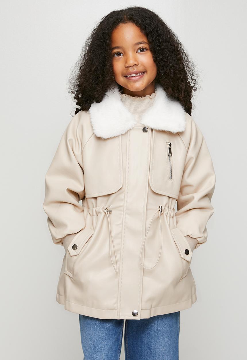 【clore＋】Airy Soft-Sheer Blouson ホワイト PU trench coat with faux fur collar - cream
