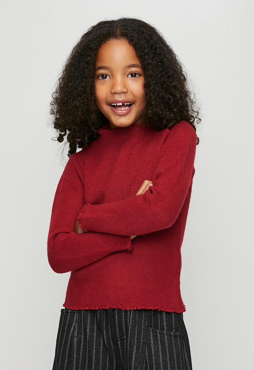 Pop Candy - Ribbed lettuce hem long sleeved top - ruby red